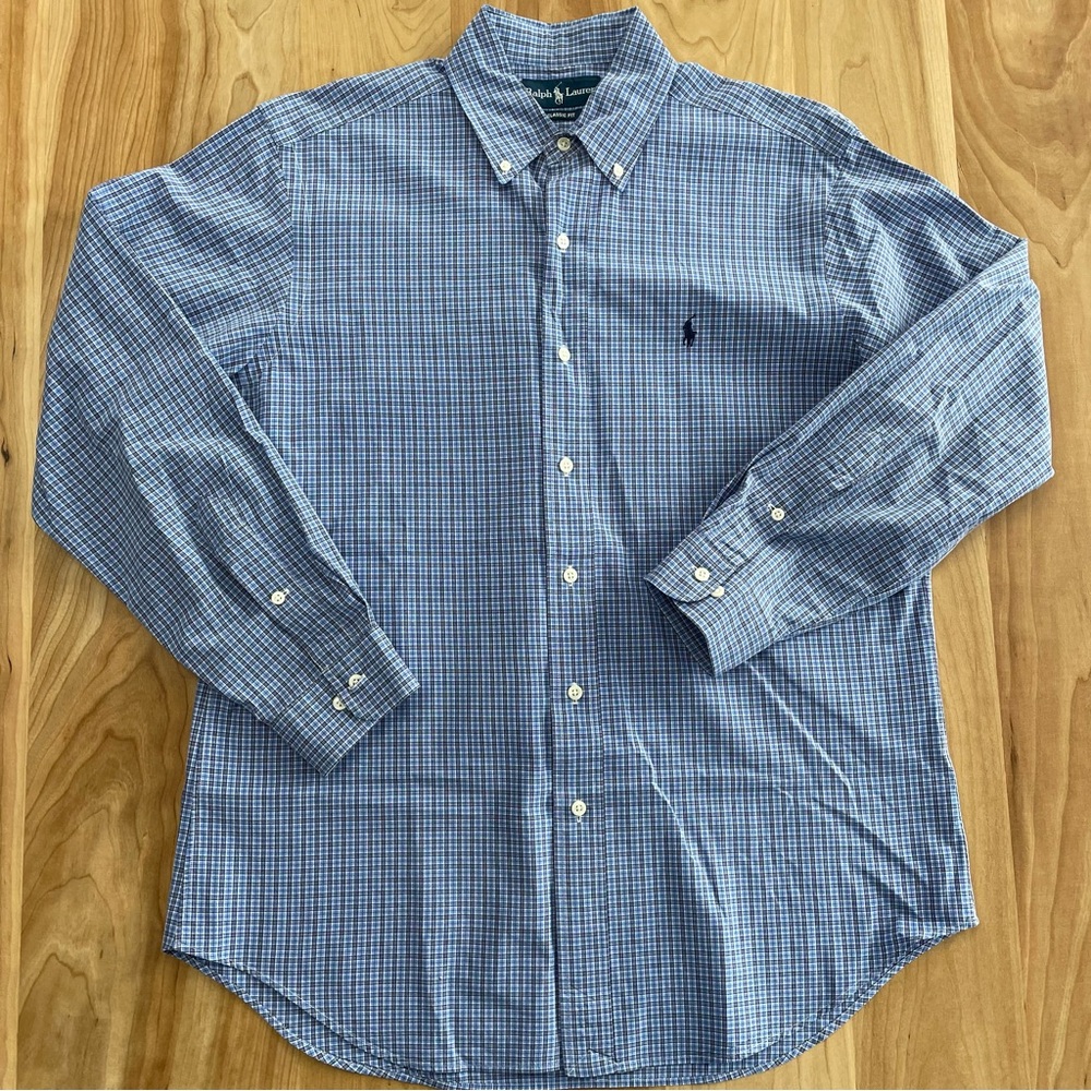 Ralph Lauren Button Down Blue Navy Plaid Shirt Size 15.5 32/33 Medium